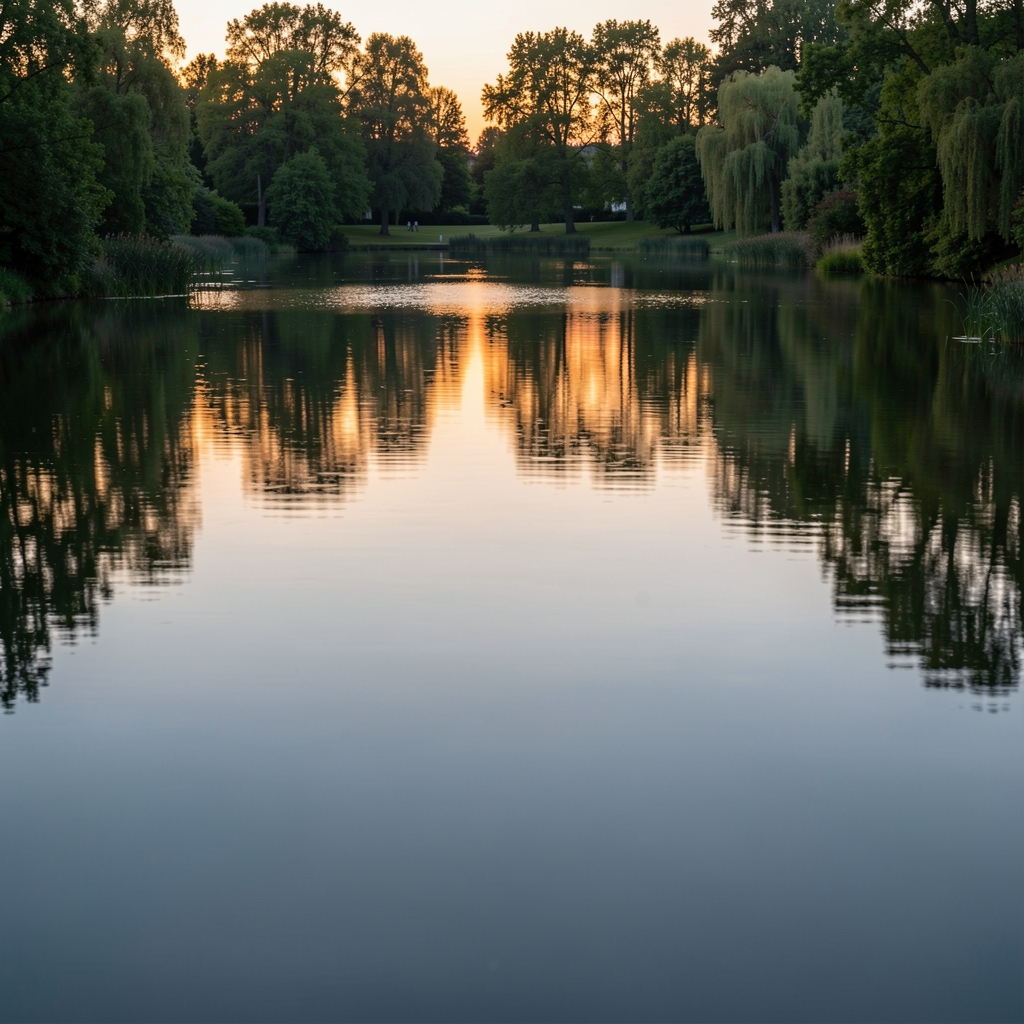 Still surface of a calm reflective pond at dusk, smooth water with faint reflections of surrounding foliage, conveying quiet clarity