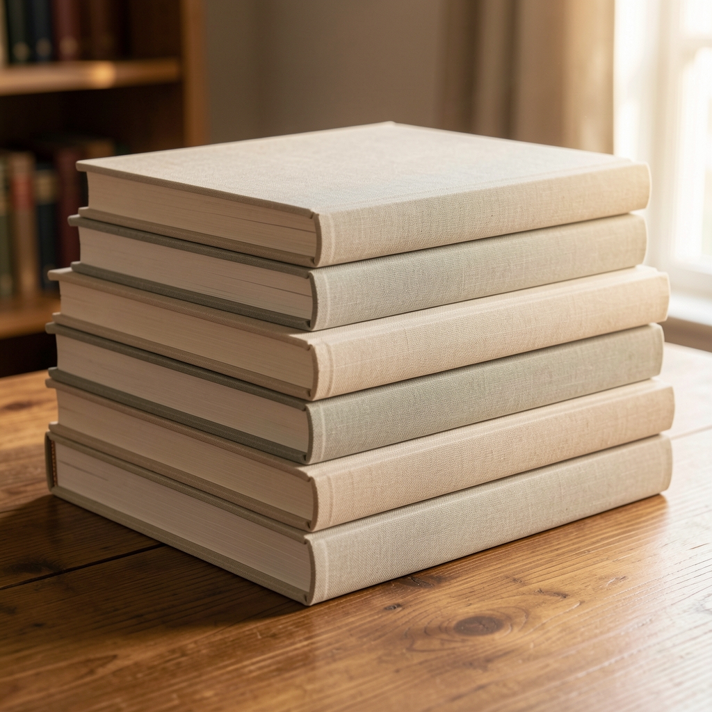 Neatly stacked neutral-toned hardcover books on a wooden surface, warm diffused natural light, suggesting organised knowledge and scholarly reference